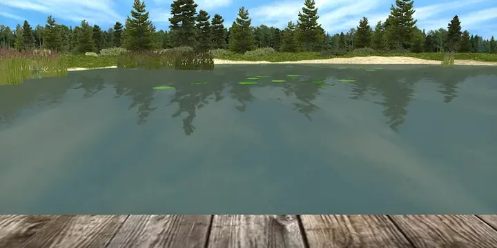 True Fishing 2: lago all'aperto con il pontile in primo piano, uno dei tre giochi del numero di agosto
