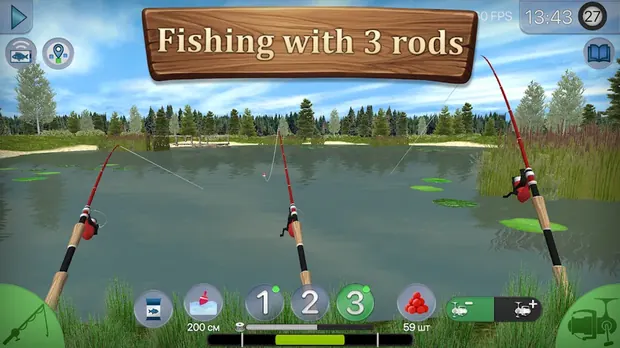 True Fishing 2: tre canne calate in un lago di giorno